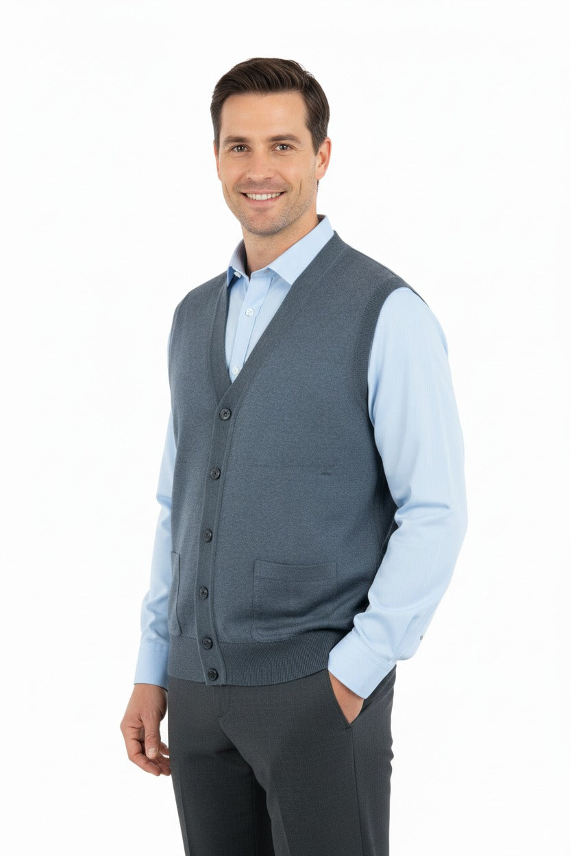 Erkek V Yakalı Düğmeli Cepli Klasik Model Rahat Kesim Tam Kalıp Yünlü Dokuma Yelek