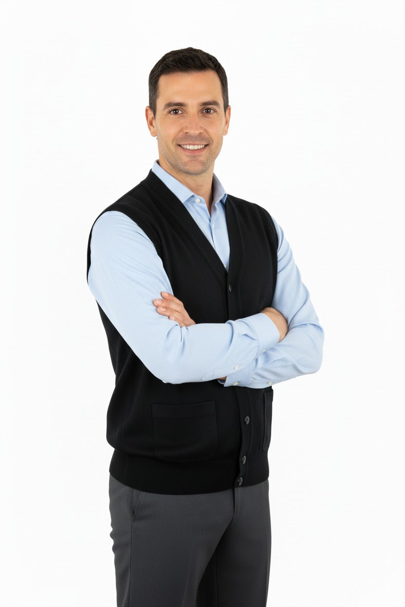 Erkek V Yakalı Düğmeli Cepli Klasik Model Rahat Kesim Tam Kalıp Yünlü Dokuma Yelek