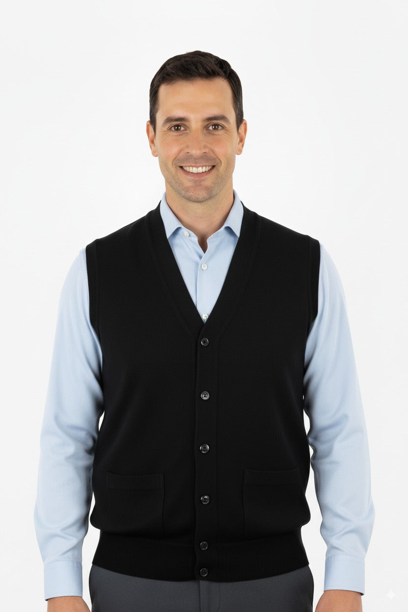 Erkek V Yakalı Düğmeli Cepli Klasik Model Rahat Kesim Tam Kalıp Yünlü Dokuma Yelek