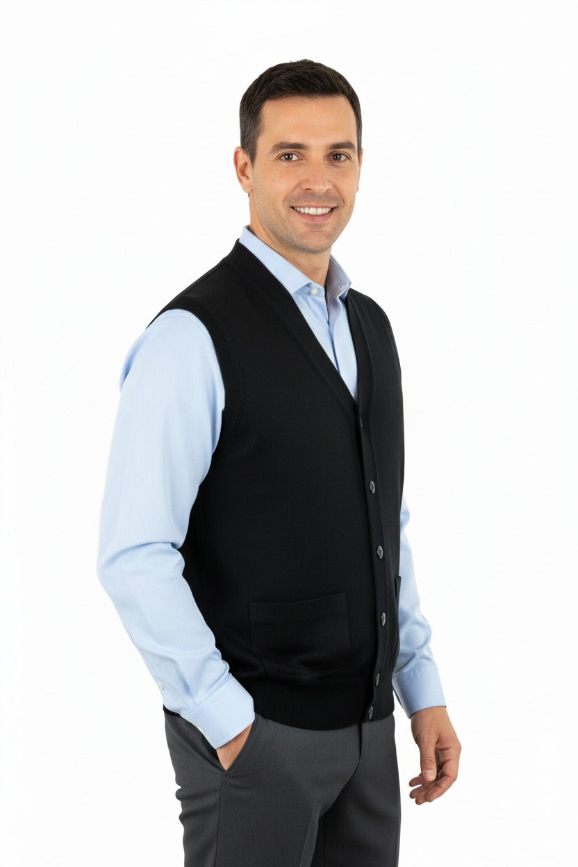 Erkek V Yakalı Düğmeli Cepli Klasik Model Rahat Kesim Tam Kalıp Yünlü Dokuma Yelek