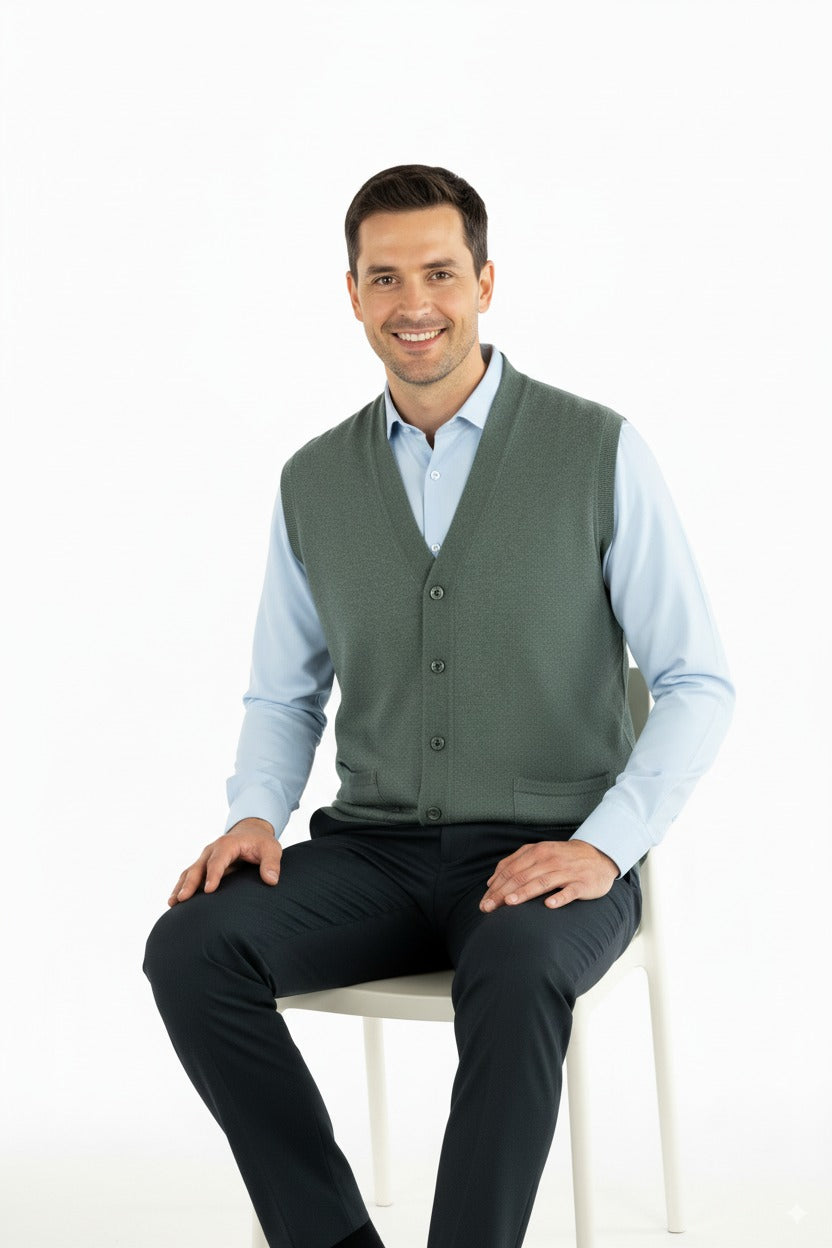 Erkek V Yakalı Düğmeli Cepli Klasik Model Rahat Kesim Tam Kalıp Yünlü Dokuma Yelek