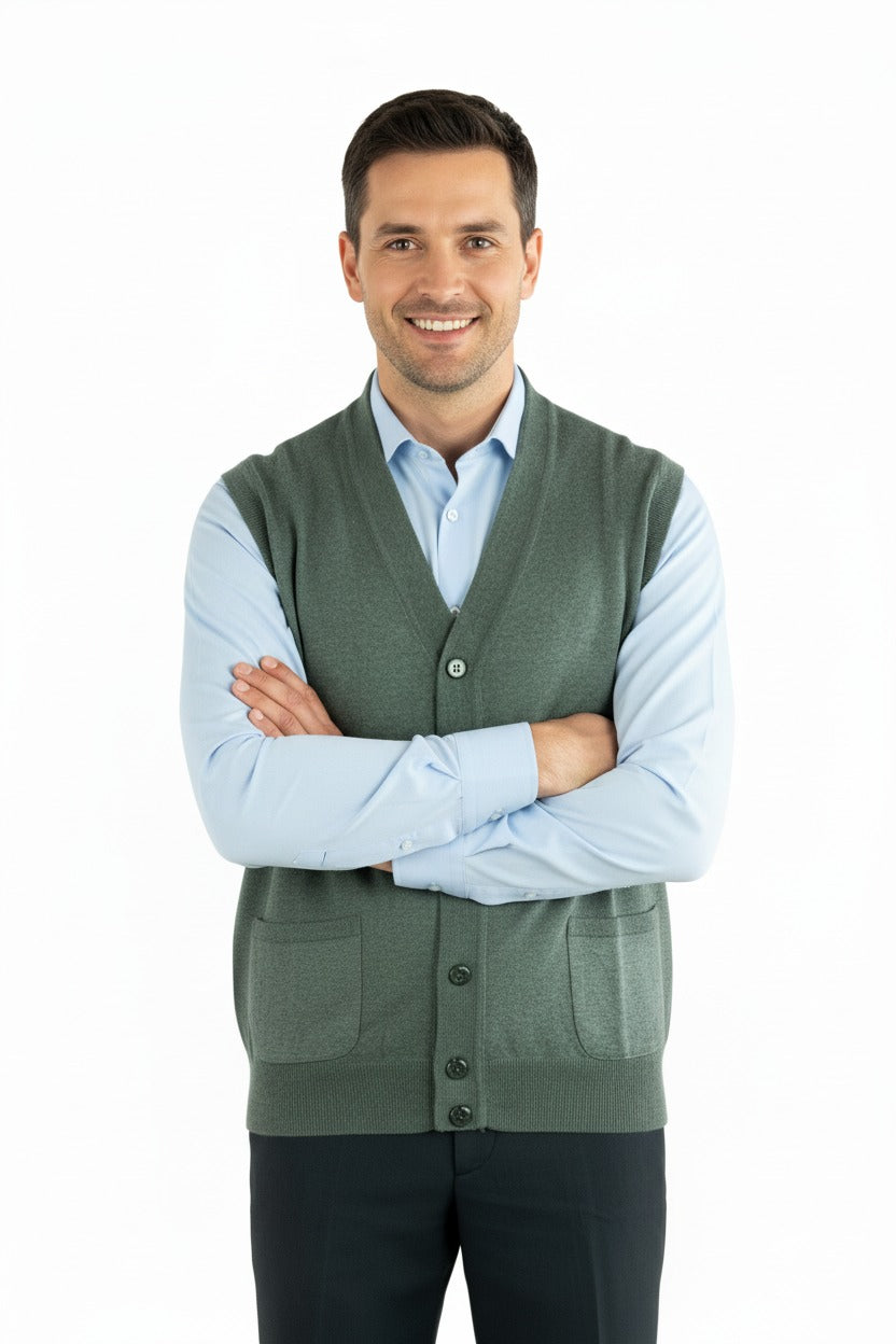 Erkek V Yakalı Düğmeli Cepli Klasik Model Rahat Kesim Tam Kalıp Yünlü Dokuma Yelek