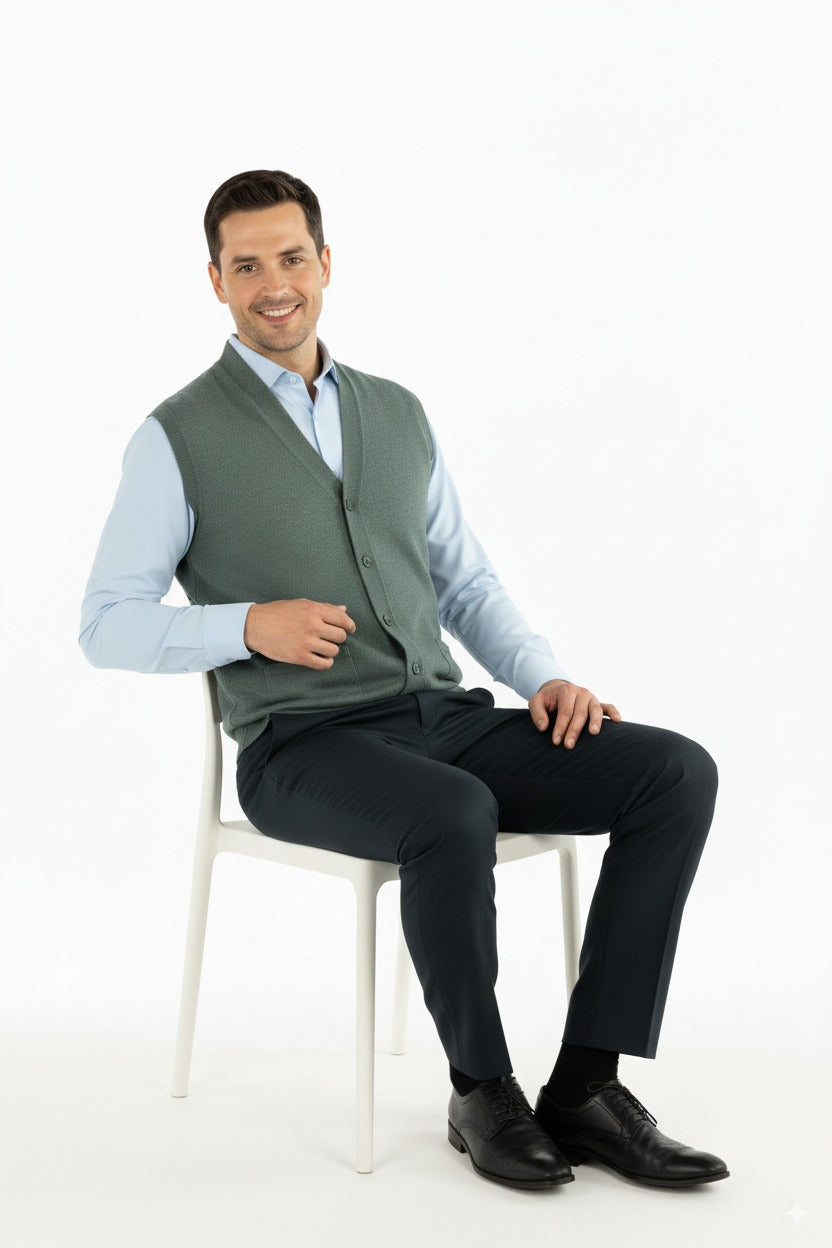 Erkek V Yakalı Düğmeli Cepli Klasik Model Rahat Kesim Tam Kalıp Yünlü Dokuma Yelek