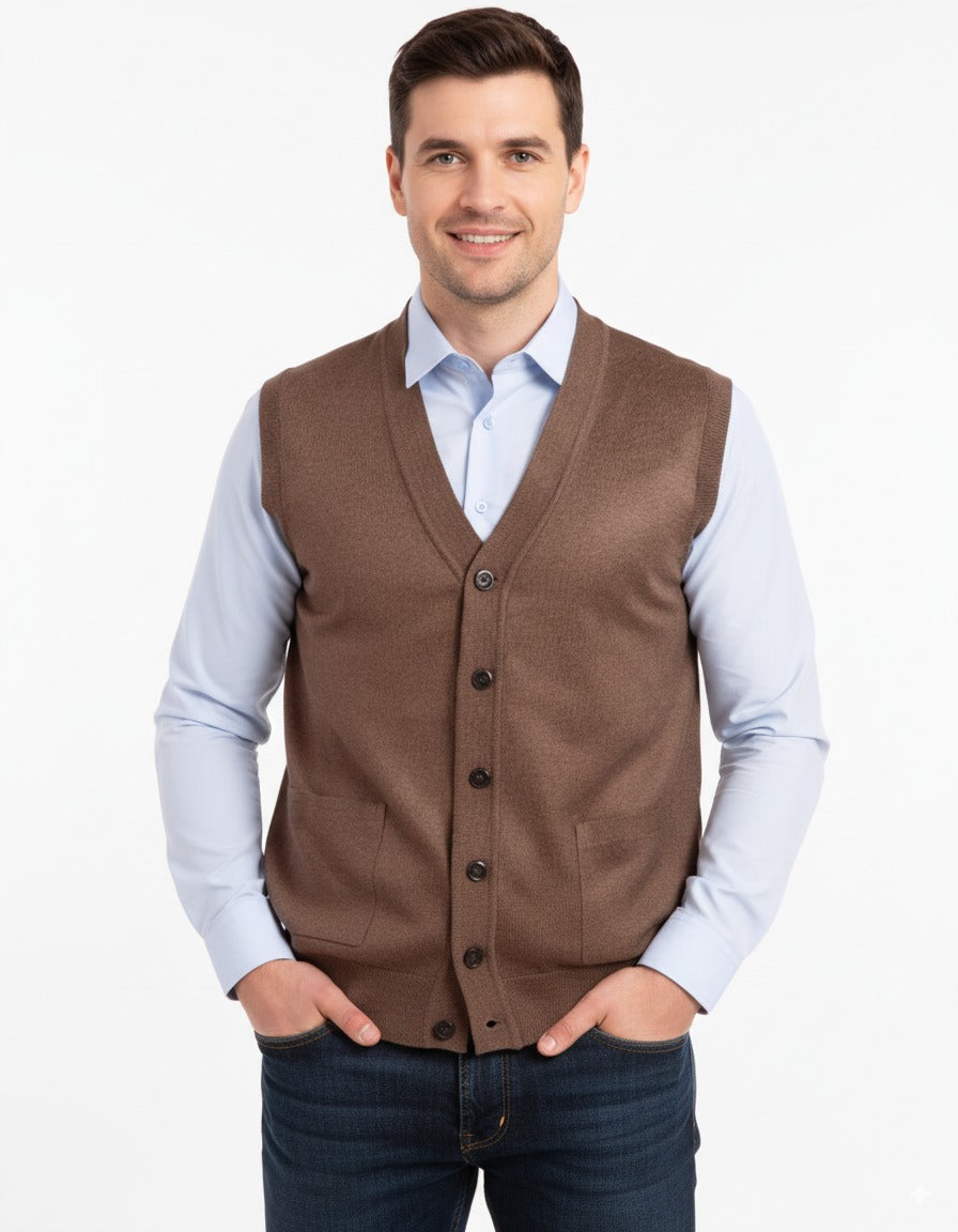 Erkek V Yakalı Düğmeli Cepli Klasik Model Rahat Kesim Tam Kalıp Yünlü Dokuma Yelek