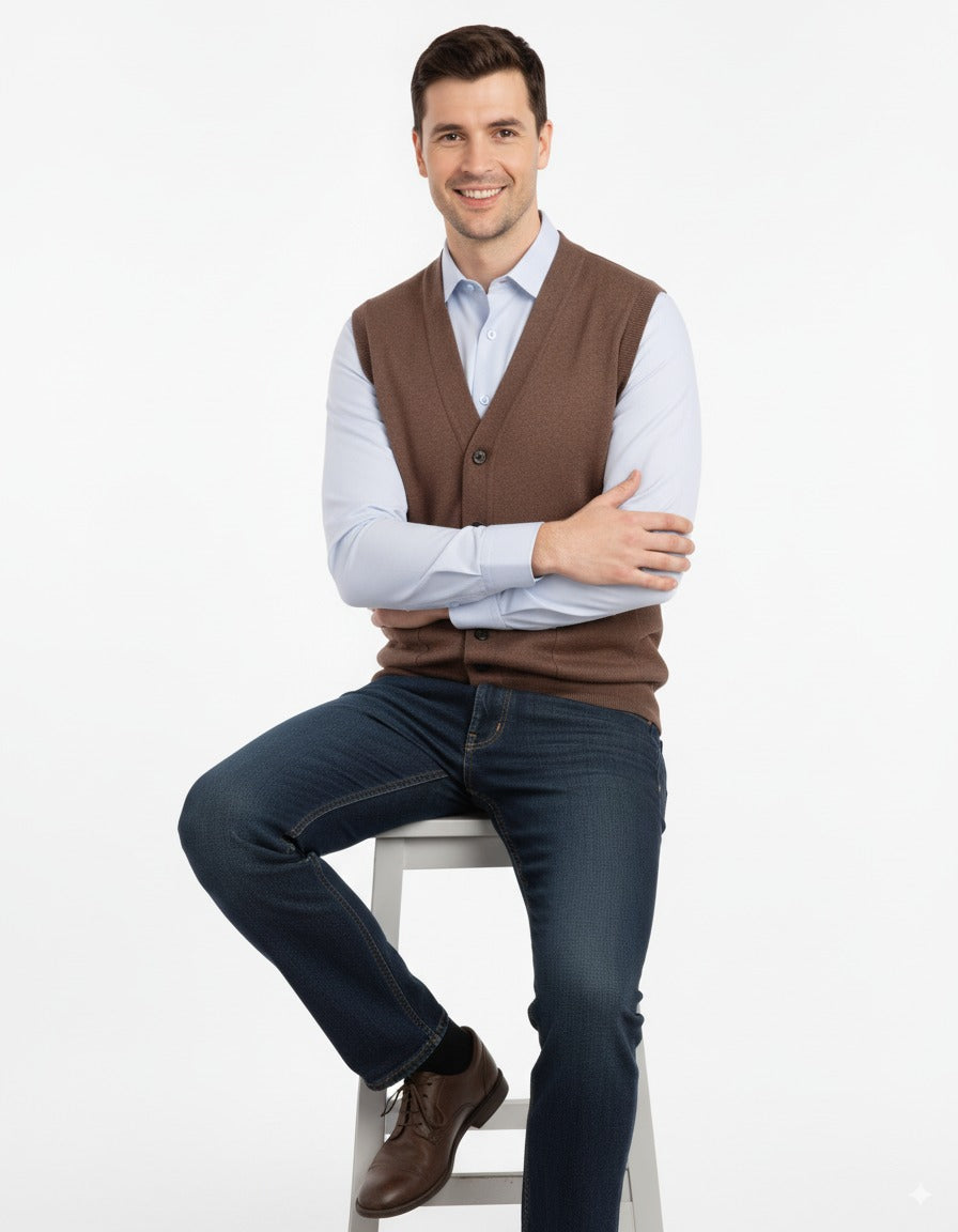 Erkek V Yakalı Düğmeli Cepli Klasik Model Rahat Kesim Tam Kalıp Yünlü Dokuma Yelek