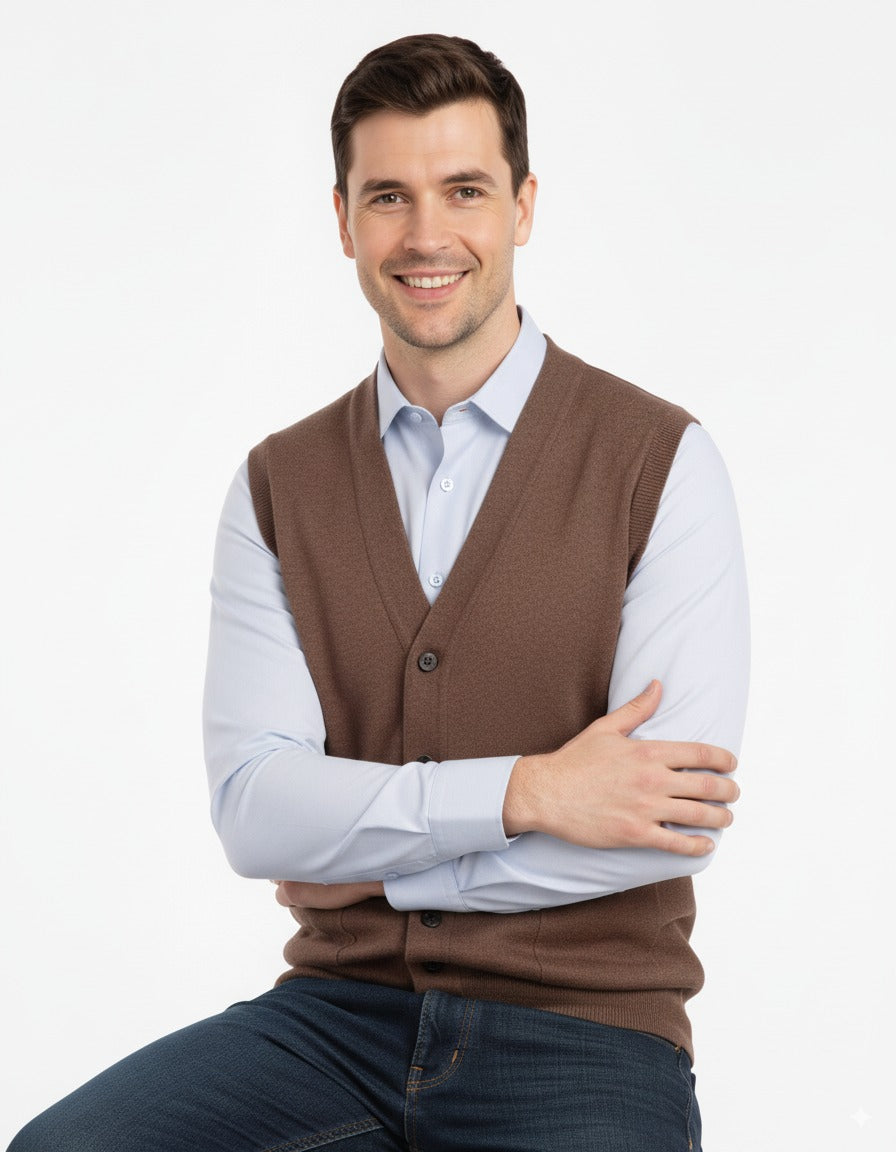 Erkek V Yakalı Düğmeli Cepli Klasik Model Rahat Kesim Tam Kalıp Yünlü Dokuma Yelek