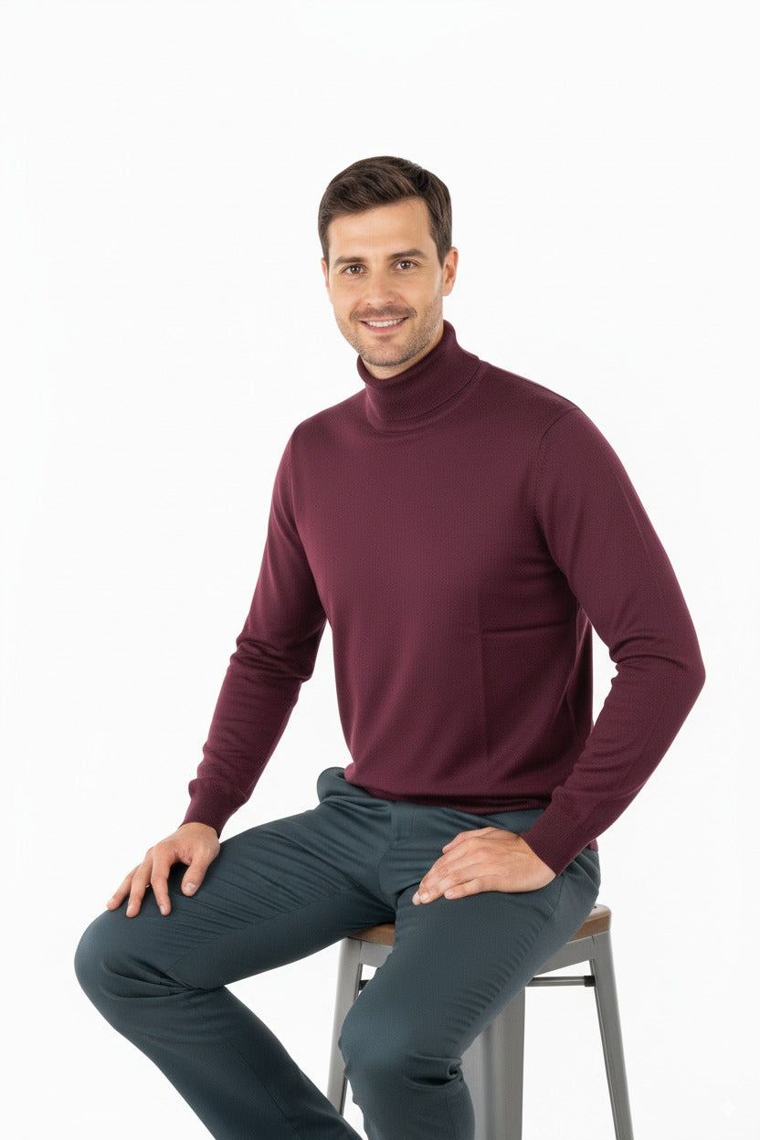 Erkek Uzun Kollu Tam Boğazlı Yaka Klasik Model Rahat Kesim Tam Kalıp Yünlü Dokuma Kazak