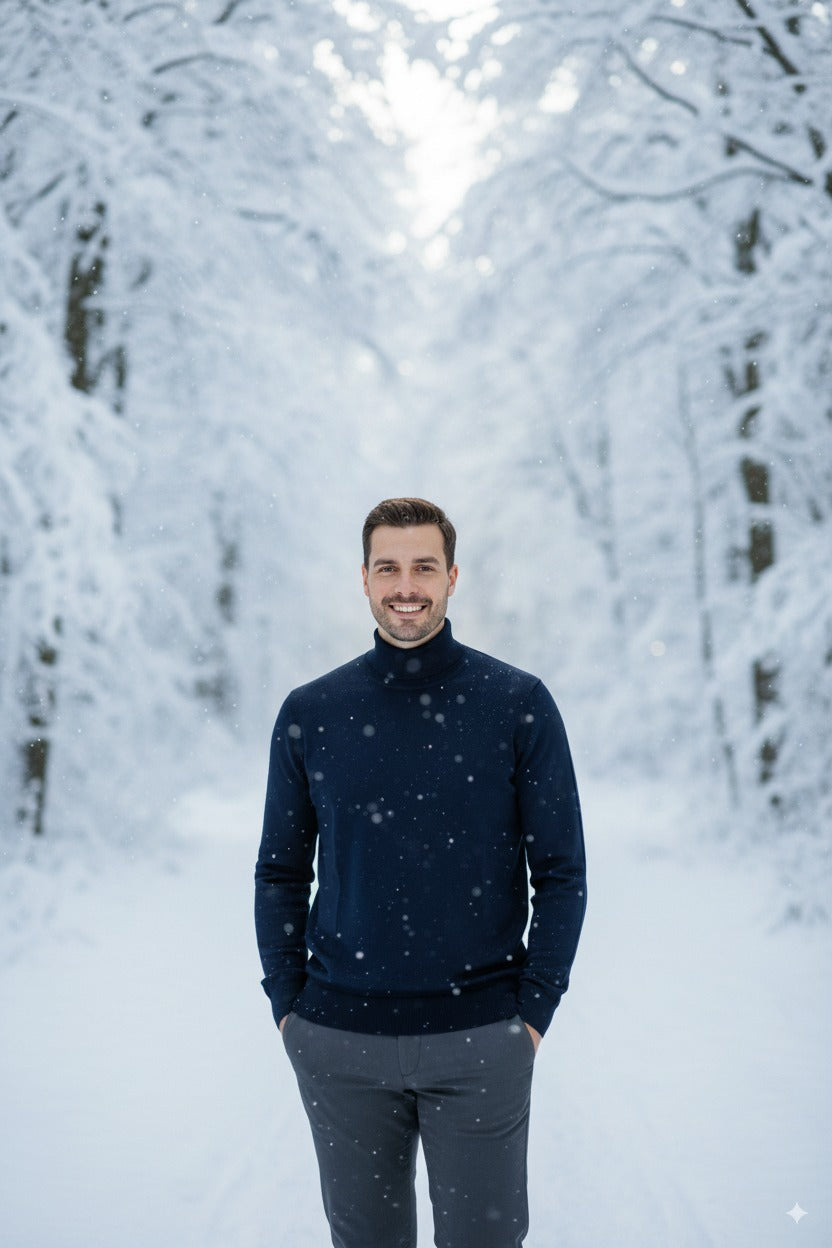 Erkek Uzun Kollu Tam Boğazlı Yaka Klasik Model Rahat Kesim Tam Kalıp Yünlü Dokuma Kazak