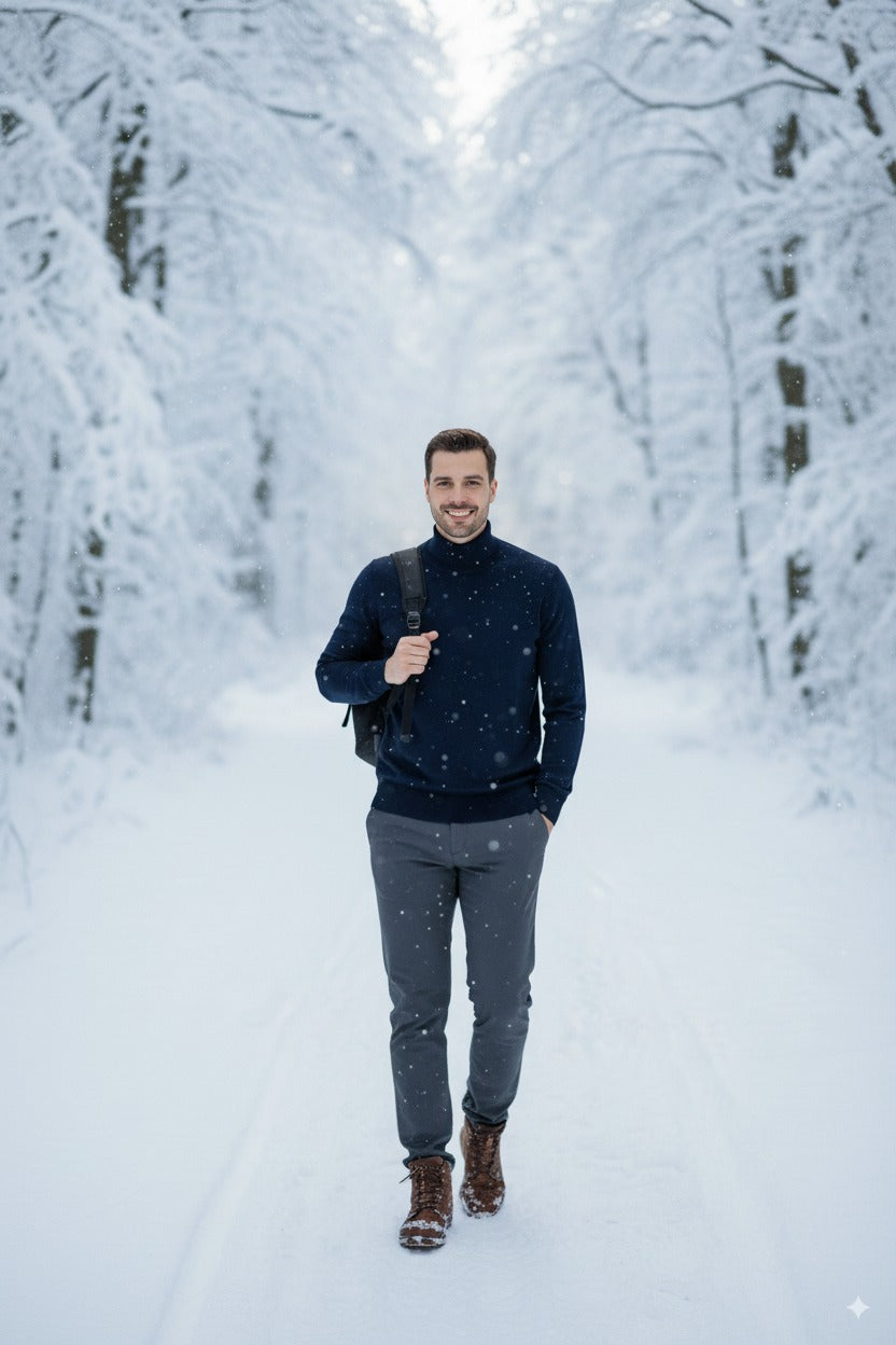 Erkek Uzun Kollu Tam Boğazlı Yaka Klasik Model Rahat Kesim Tam Kalıp Yünlü Dokuma Kazak