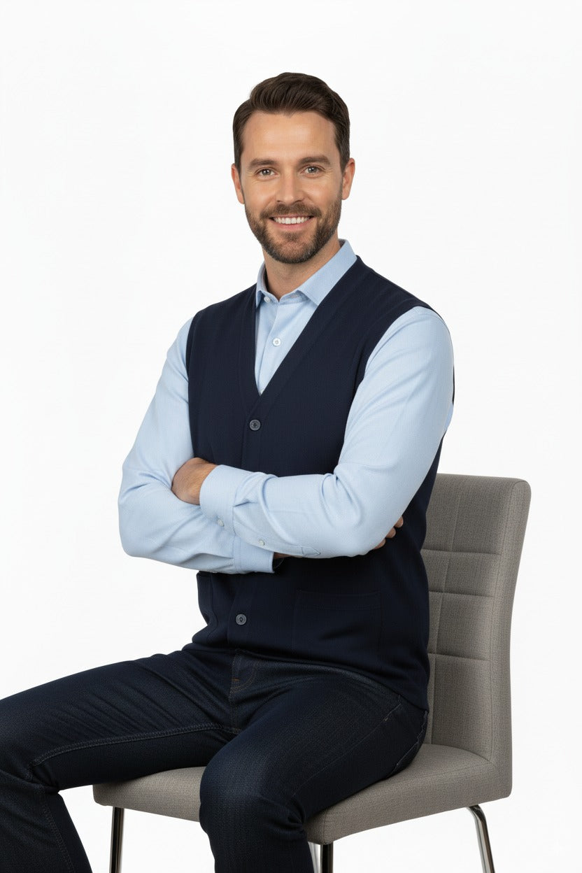 Erkek V Yakalı Düğmeli Cepli Klasik Model Rahat Kesim Tam Kalıp Yünlü Dokuma Yelek