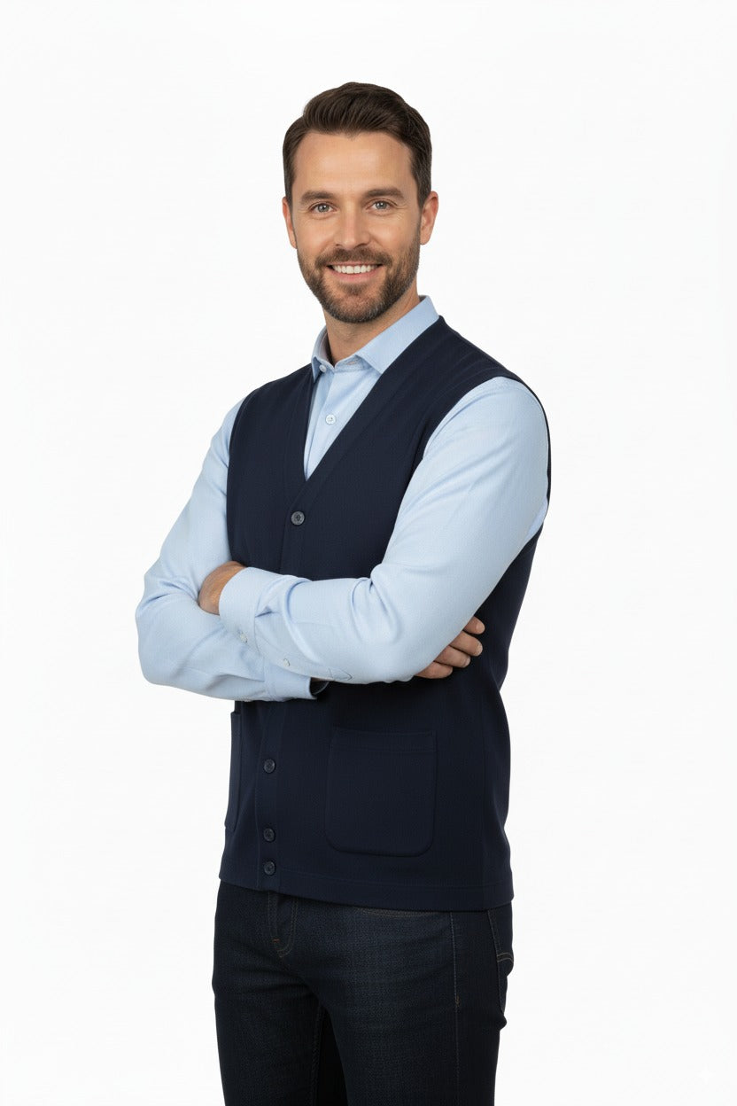 Erkek V Yakalı Düğmeli Cepli Klasik Model Rahat Kesim Tam Kalıp Yünlü Dokuma Yelek