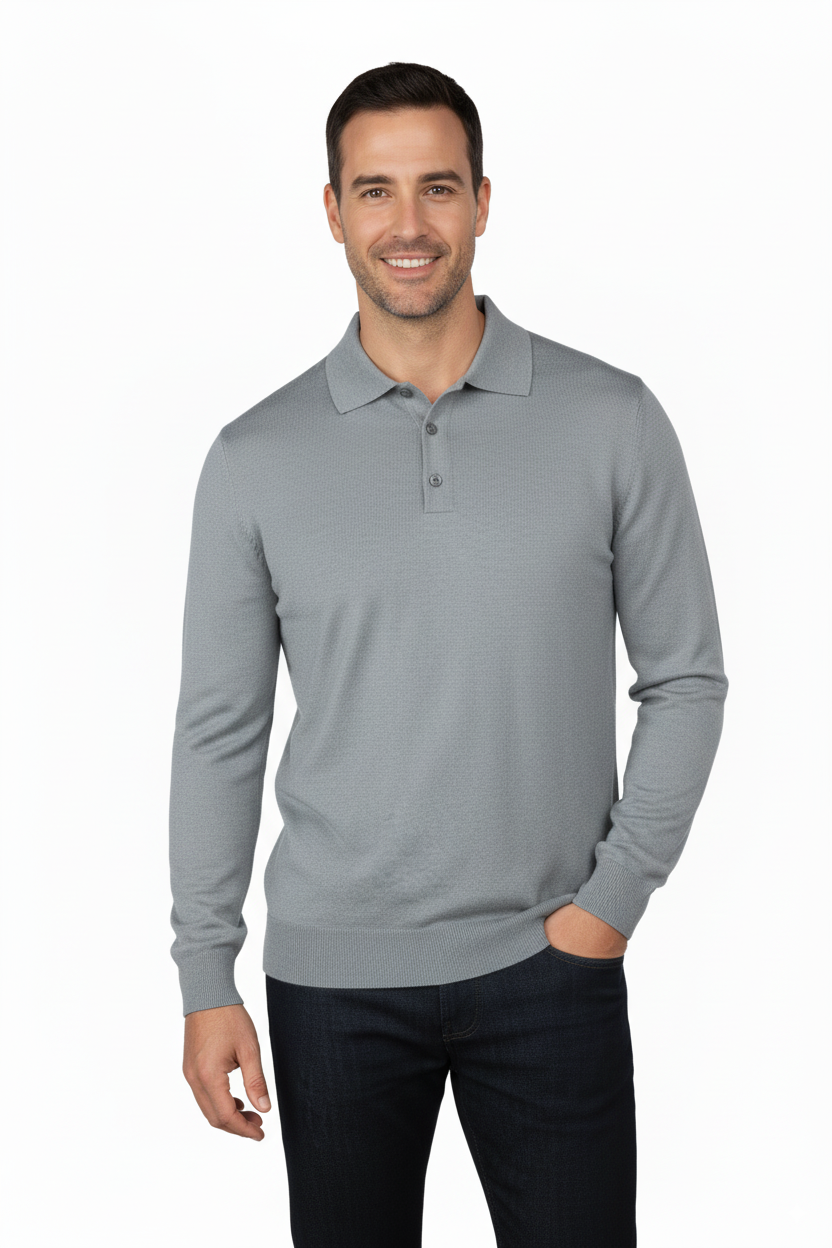 Erkek Yünlü Dokuma Kazak Cepsiz Polo Yaka Düz Renk Klasik Model Rahat Kesim Tam Kalıp