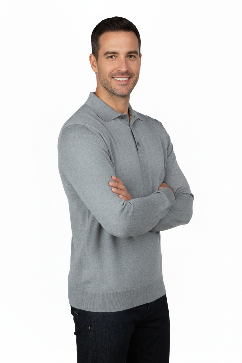 Erkek Yünlü Dokuma Kazak Cepsiz Polo Yaka Düz Renk Klasik Model Rahat Kesim Tam Kalıp