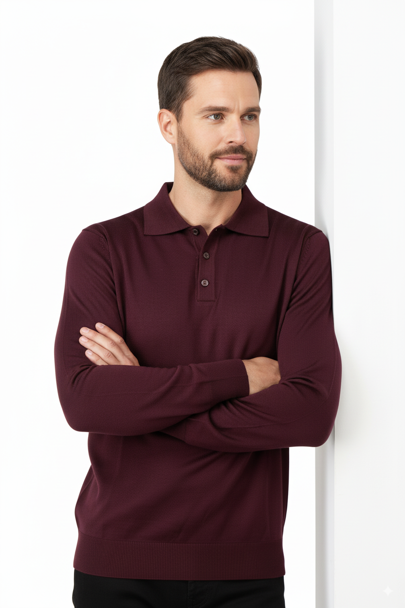 Erkek Yünlü Dokuma Kazak Cepsiz Polo Yaka Düz Renk Klasik Model Rahat Kesim Tam Kalıp