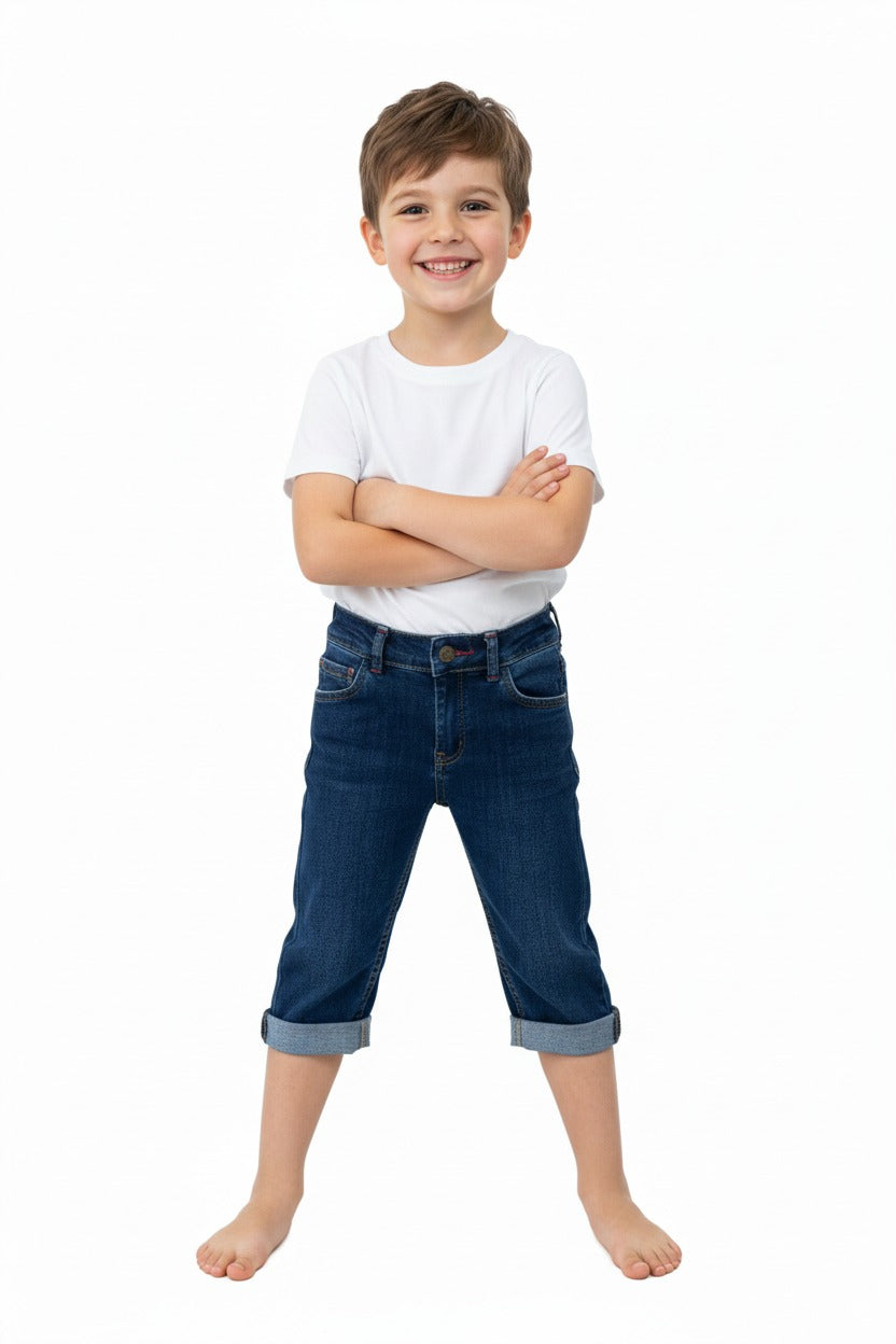 Yazlık Erkek Çocuk Kot Kapri Şort 3-12 Yaş için Diz Altı Pamuklu Cepli Rahat Sempatik