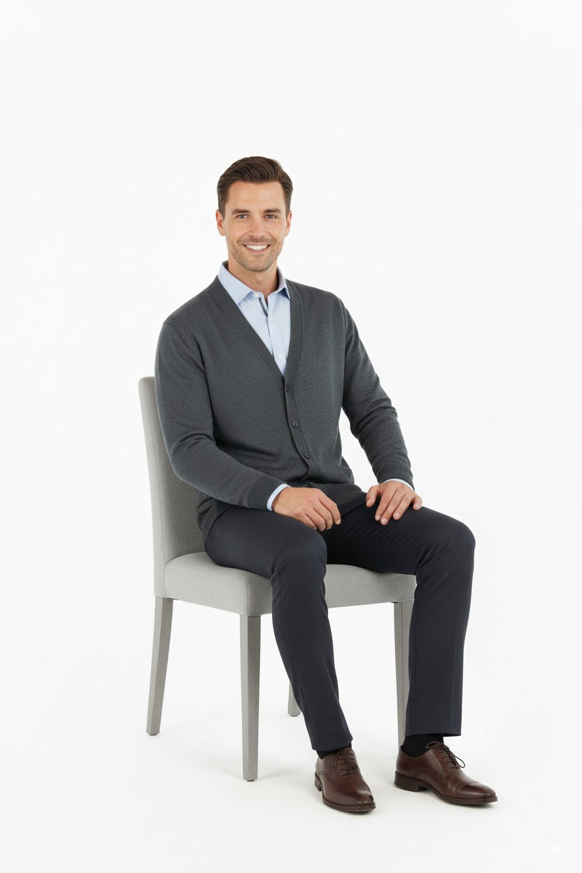 Erkek V Yakalı Düğmeli Cepli Klasik Model Rahat Kesim Tam Kalıp Yünlü Dokuma Hırka