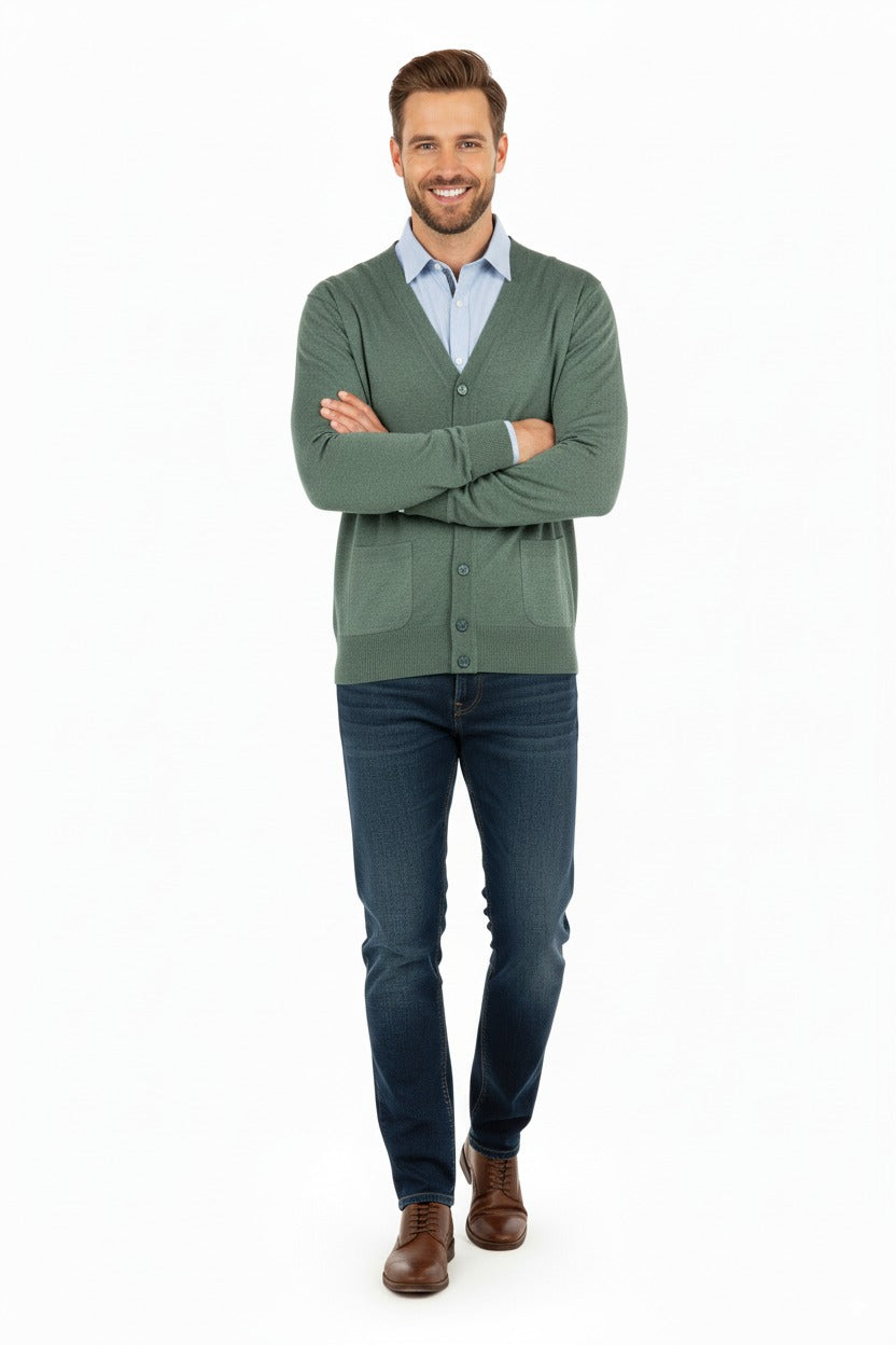 Erkek V Yakalı Düğmeli Cepli Klasik Model Rahat Kesim Tam Kalıp Yünlü Dokuma Hırka