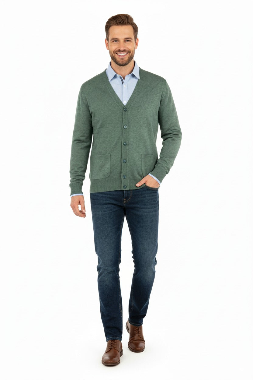 Erkek V Yakalı Düğmeli Cepli Klasik Model Rahat Kesim Tam Kalıp Yünlü Dokuma Hırka