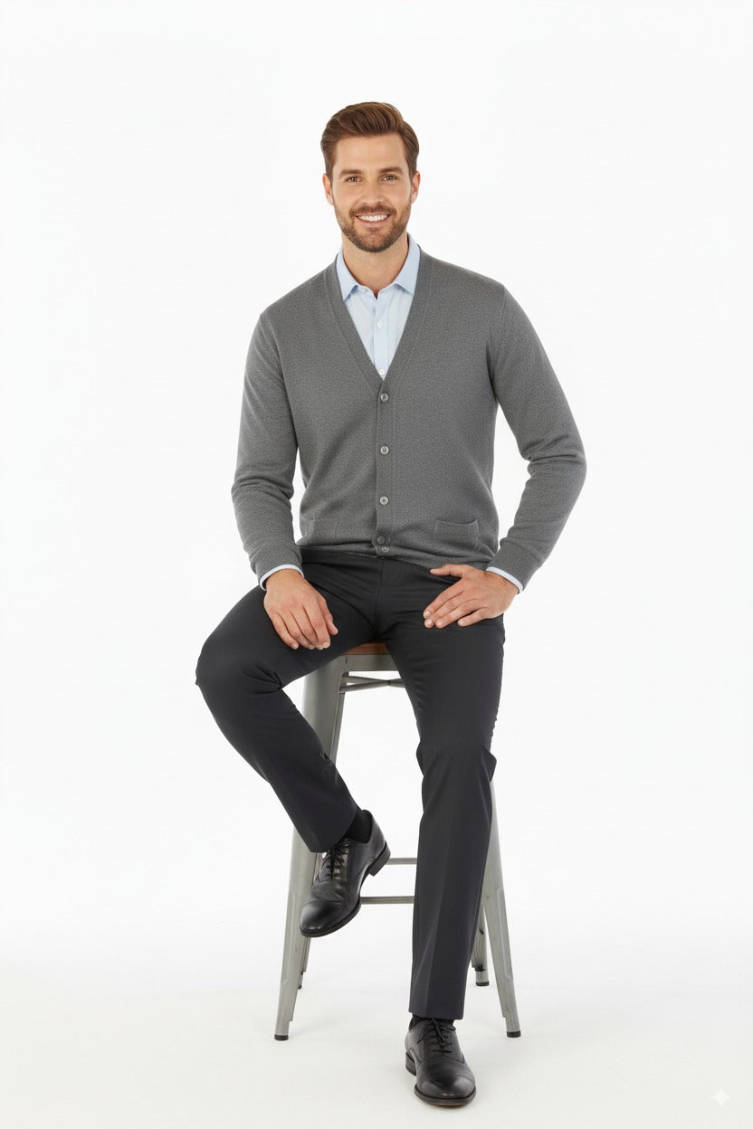 Erkek V Yakalı Düğmeli Cepli Klasik Model Rahat Kesim Tam Kalıp Yünlü Dokuma Hırka