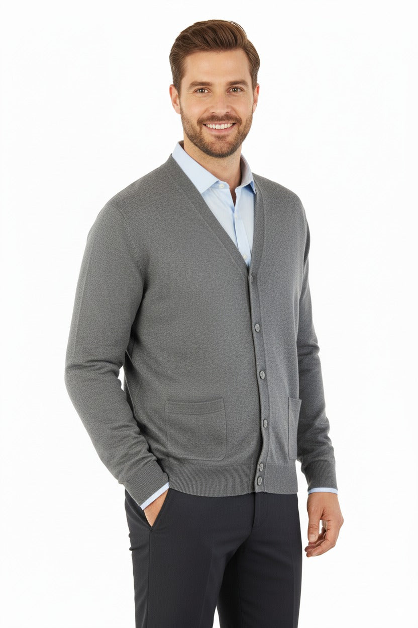 Erkek V Yakalı Düğmeli Cepli Klasik Model Rahat Kesim Tam Kalıp Yünlü Dokuma Hırka