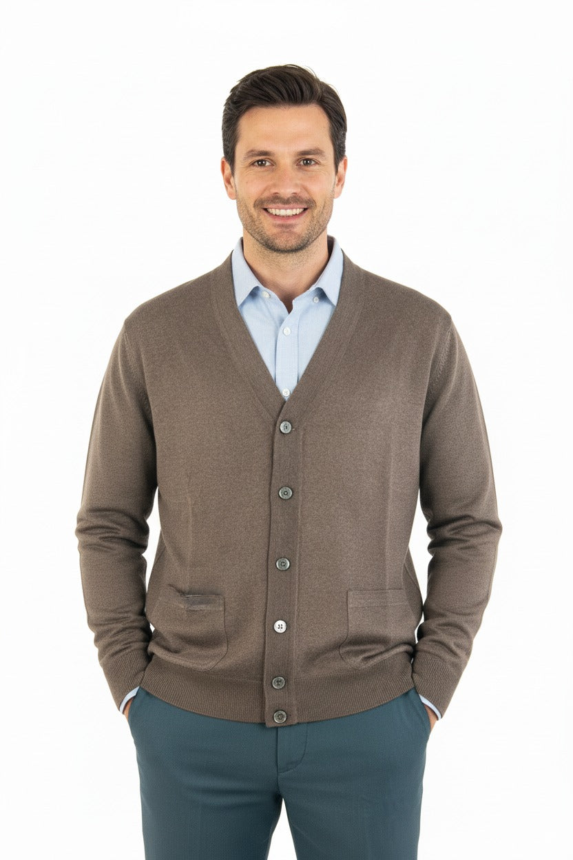 Erkek V Yakalı Düğmeli Cepli Klasik Model Rahat Kesim Tam Kalıp Yünlü Dokuma Hırka