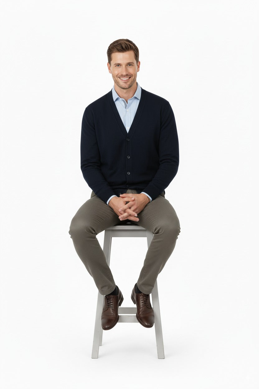 Erkek V Yakalı Düğmeli Cepli Klasik Model Rahat Kesim Tam Kalıp Yünlü Dokuma Hırka