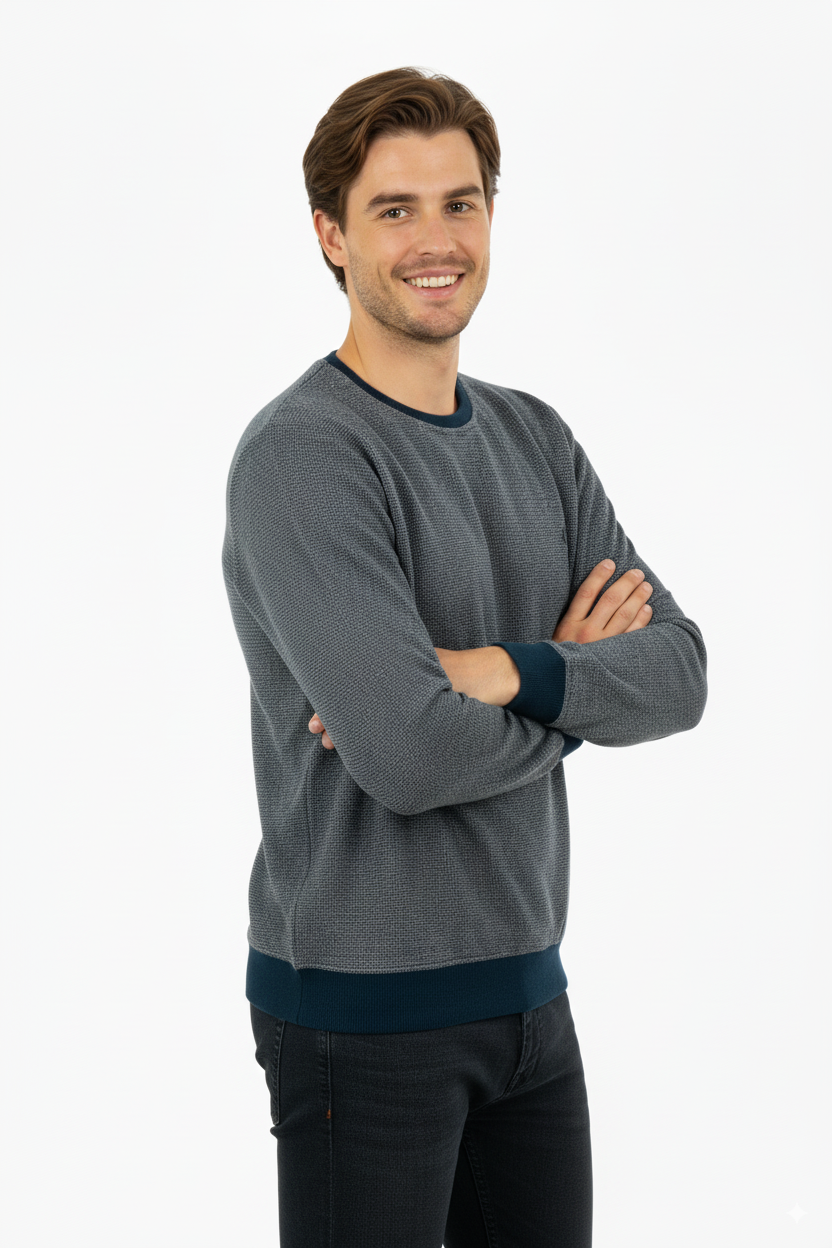 Erkek Kışlık Düğmeli Bisiklet Yaka Armalı Uzun Kollu Kırçıllı Şardonlu Pamuklu Dokuma Kazak