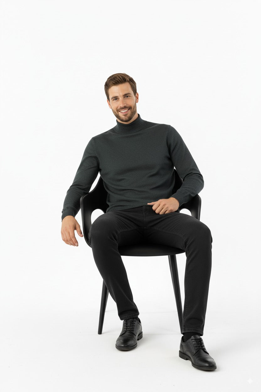 Erkek Uzun Kollu Yarım Balıkçı Yaka Klasik Model Rahat Kesim Tam Kalıp Yünlü Dokuma Kazak