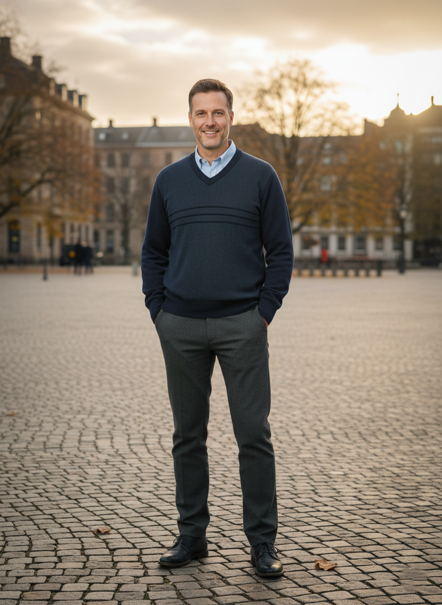 Oppland Erkek Kışlık Kazak Rahat Kesim Triko Dokuma V Yaka Desenli Klasik ve Şık