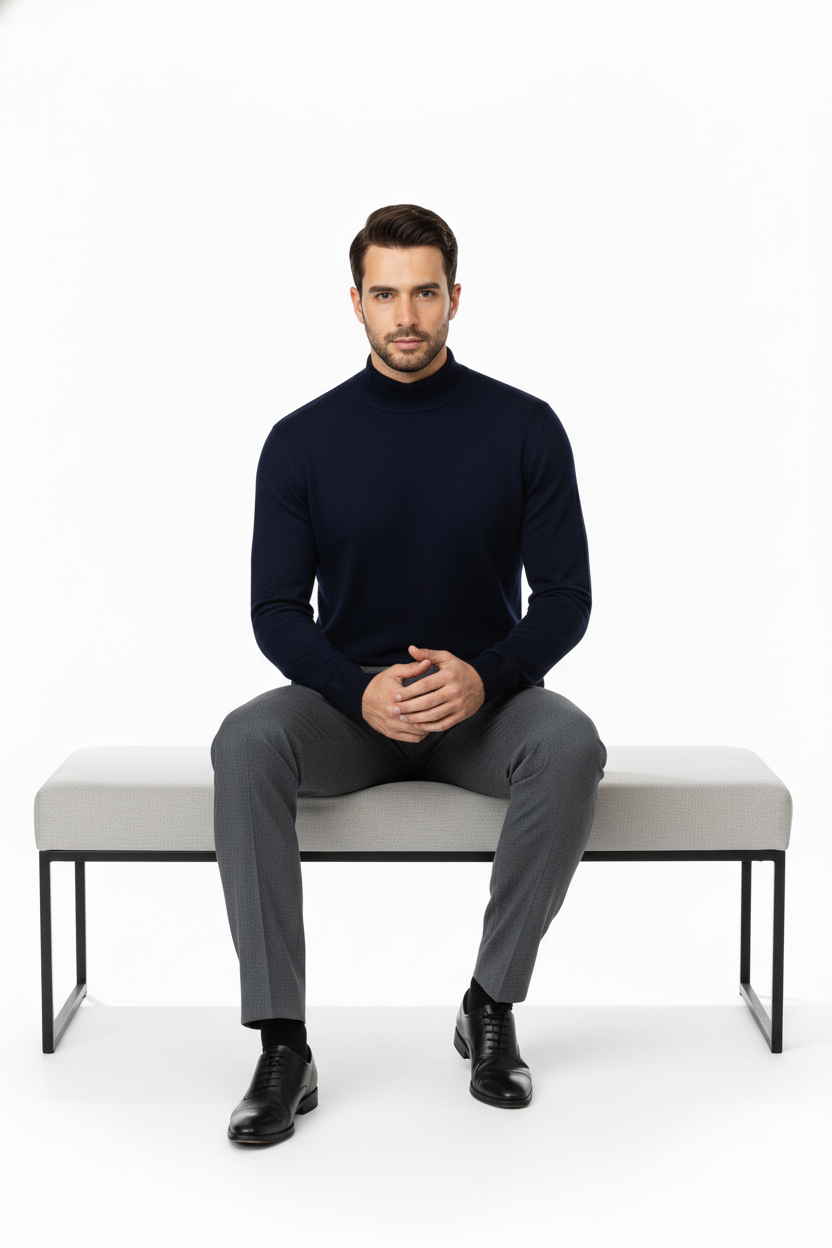 Erkek Kışlık Yarım Balıkçı Yaka Kazak Pamuklu Marina Örme Uzun Kollu Düz Renk Rahat Kesim