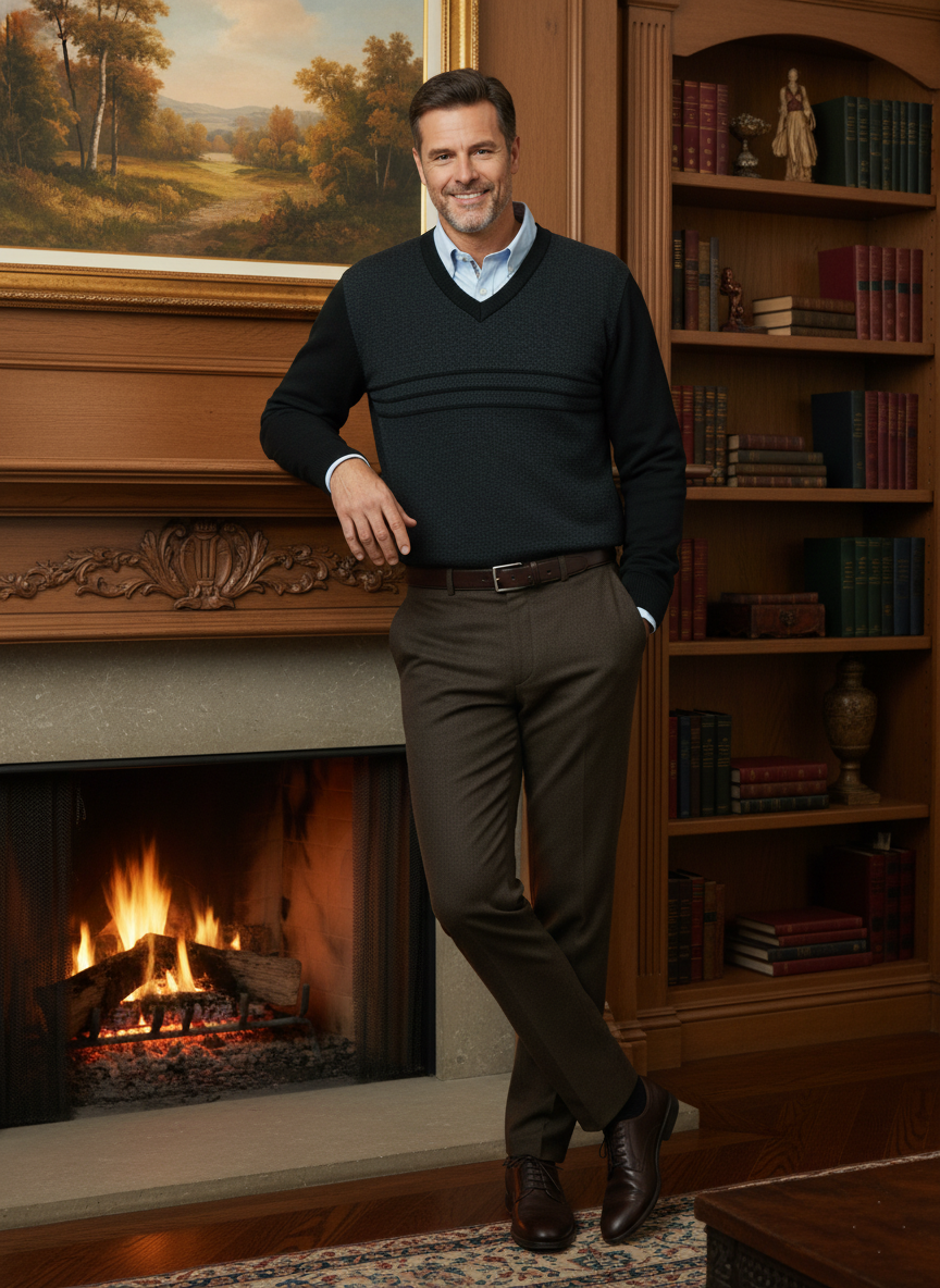 Oppland Erkek Kışlık Kazak Rahat Kesim Triko Dokuma V Yaka Desenli Klasik ve Şık