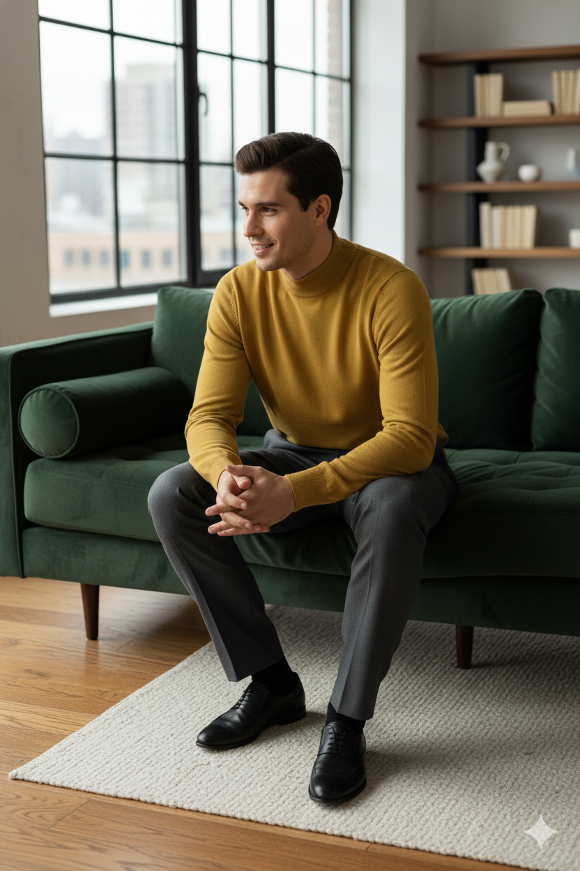 Erkek Kışlık Yarım Balıkçı Yaka Kazak Pamuklu Marina Örme Uzun Kollu Düz Renk Rahat Kesim