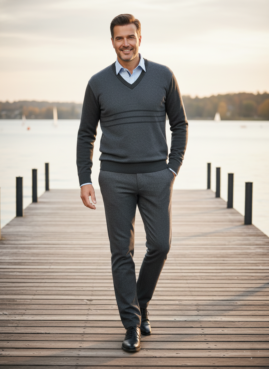 Oppland Erkek Kışlık Kazak Rahat Kesim Triko Dokuma V Yaka Desenli Klasik ve Şık