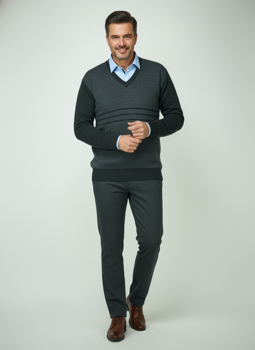 Oppland Erkek Kışlık Kazak Rahat Kesim Triko Dokuma V Yaka Desenli Klasik ve Şık