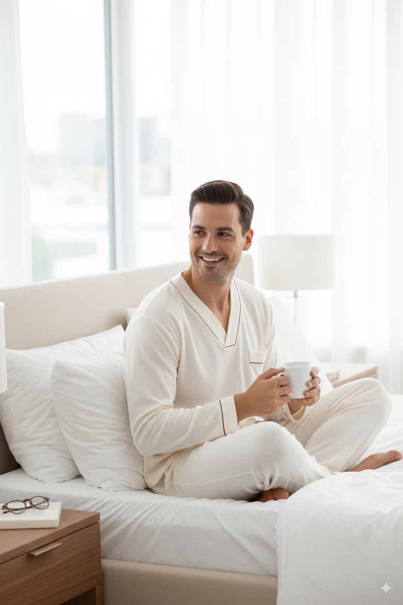 Oppland Erkek Pijama Takımı %100 İpek Kumaş Klasik Model Cepli Rahat Tam Kalıp