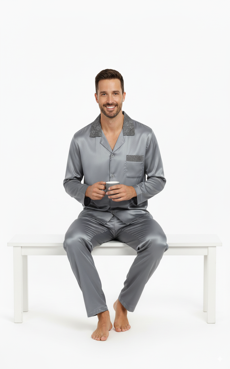 Oppland Erkek Pijama Takımı Saten Kumaş Klasik Model Cepli Rahat Tam Kalıp OPEPT26PIEROMOD93