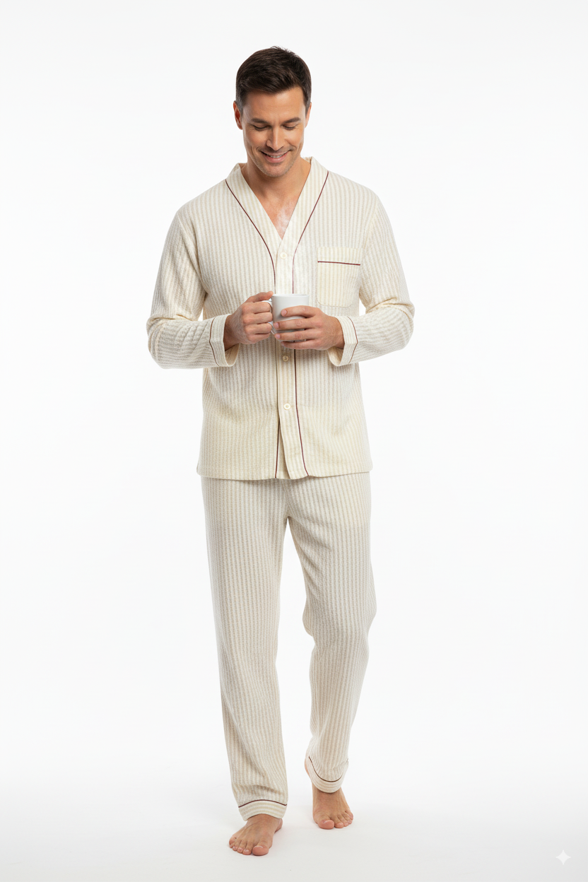 Oppland Erkek Pijama Takımı %100 İpek Kumaş Klasik Model Cepli Rahat Tam Kalıp