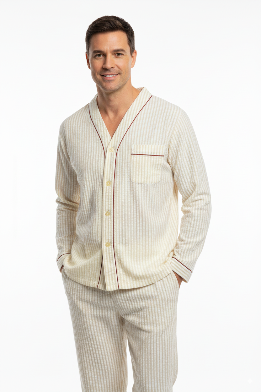 Oppland Erkek Pijama Takımı %100 İpek Kumaş Klasik Model Cepli Rahat Tam Kalıp