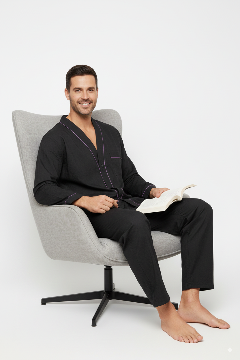 Oppland Erkek Pijama Takımı %100 İpek Kumaş Klasik Model Cepli Rahat Tam Kalıp