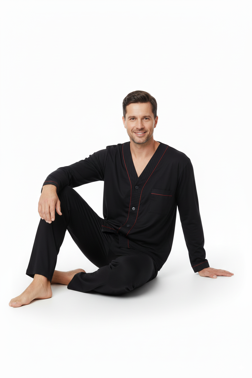 Oppland Erkek Pijama Takımı %100 İpek Kumaş Klasik Model Cepli Rahat Tam Kalıp