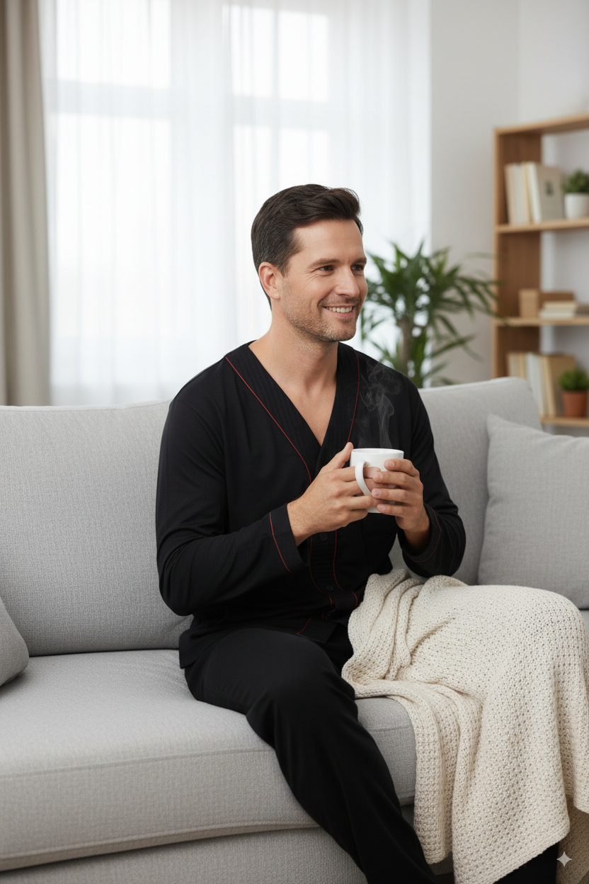 Oppland Erkek Pijama Takımı %100 İpek Kumaş Klasik Model Cepli Rahat Tam Kalıp