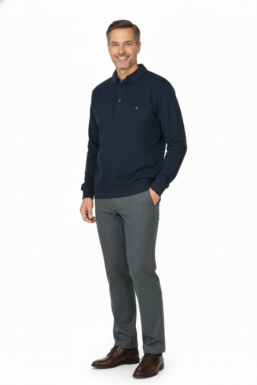 Oppland Erkek Kışlık Kazak Polo Yaka Oxford Fleto Cepli Dokulu Rahat Kesim Tam Kalıp