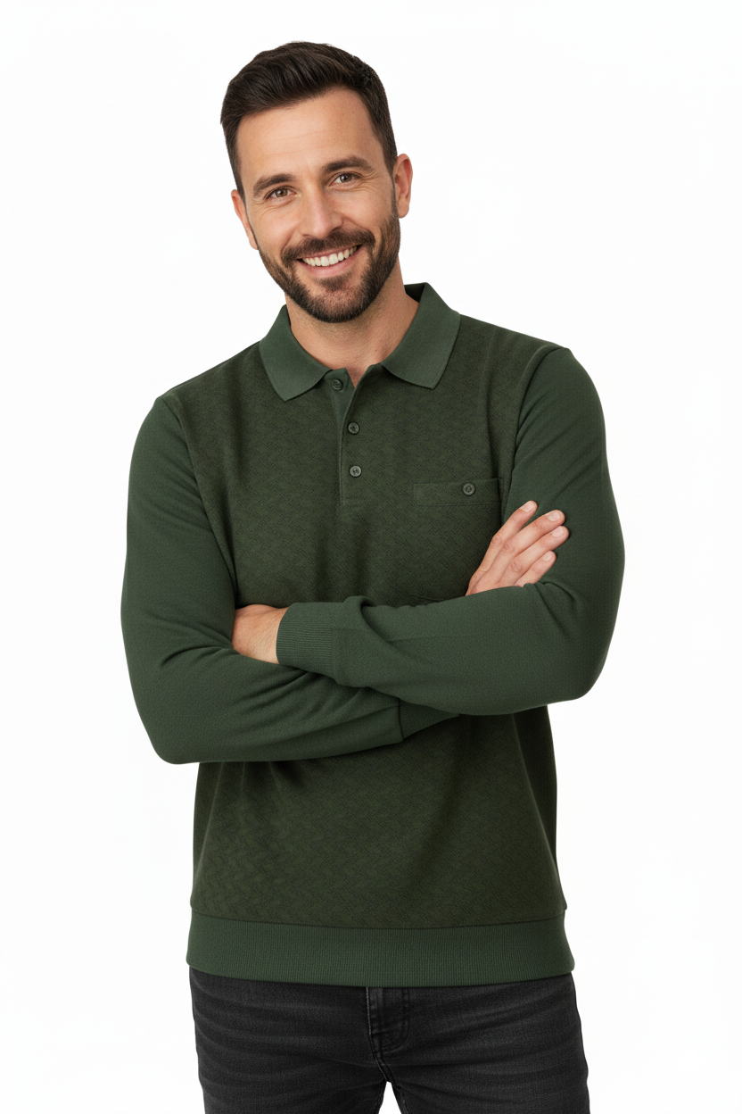 Erkek Kışlık Kazak Pamuklu Düğmeli Polo Yaka Cepli Uzun Kollu Klasik Desenli Rahat Kesim