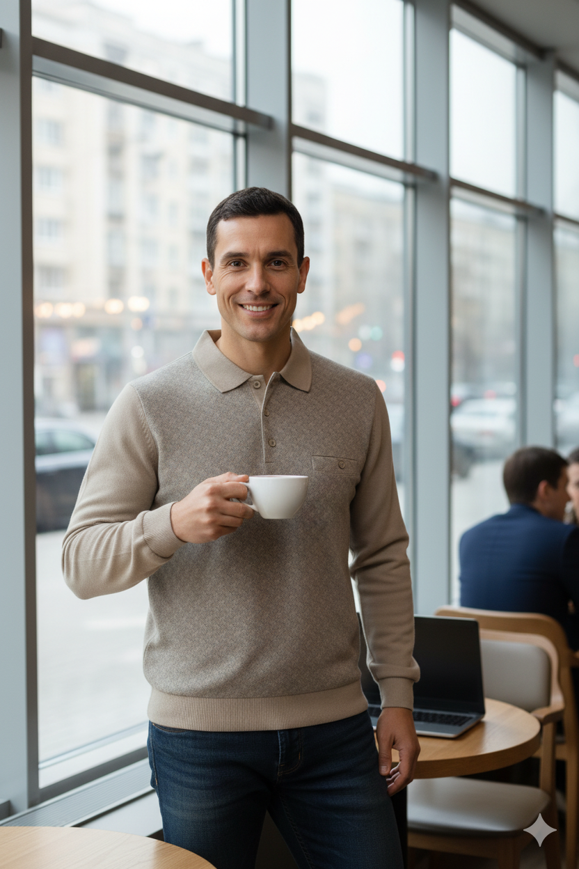 Erkek Kışlık Kazak Pamuklu Düğmeli Polo Yaka Cepli Uzun Kollu Klasik Desenli Rahat Kesim