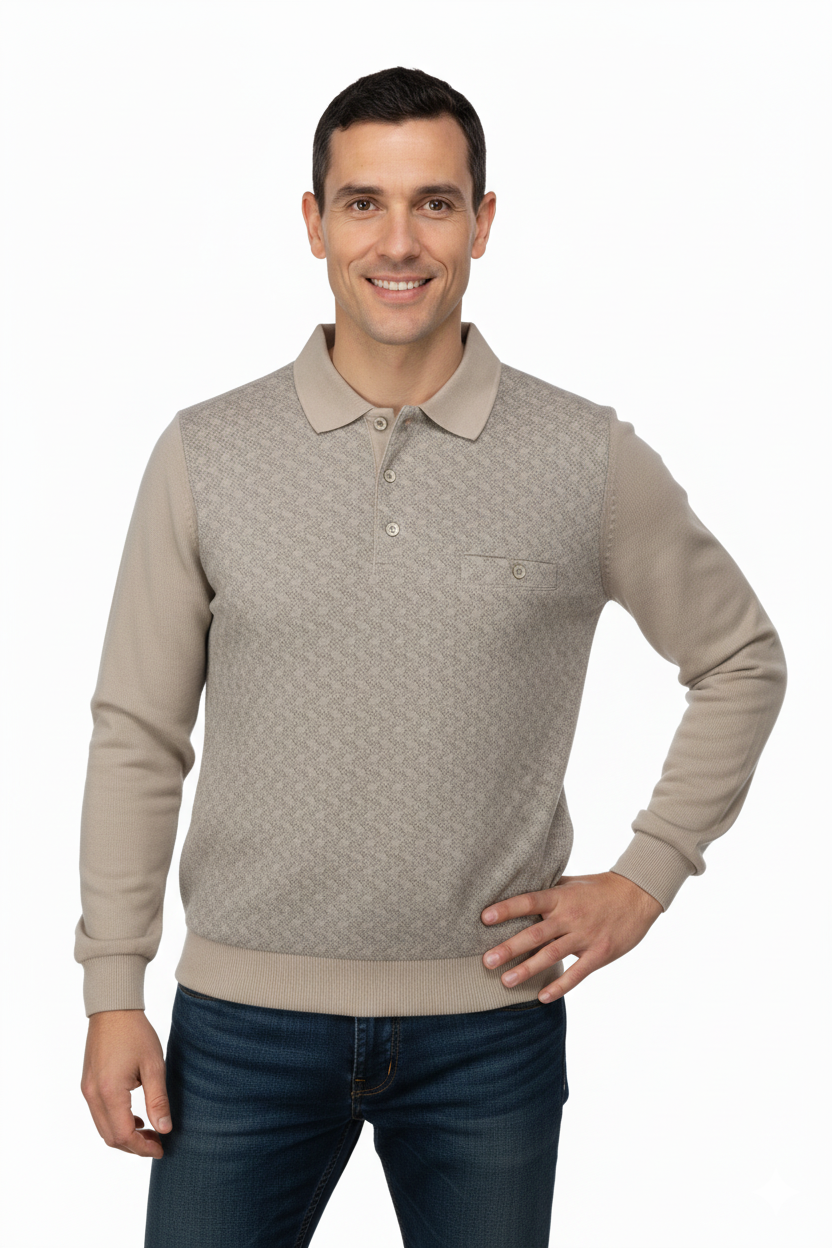 Erkek Kışlık Kazak Pamuklu Düğmeli Polo Yaka Cepli Uzun Kollu Klasik Desenli Rahat Kesim