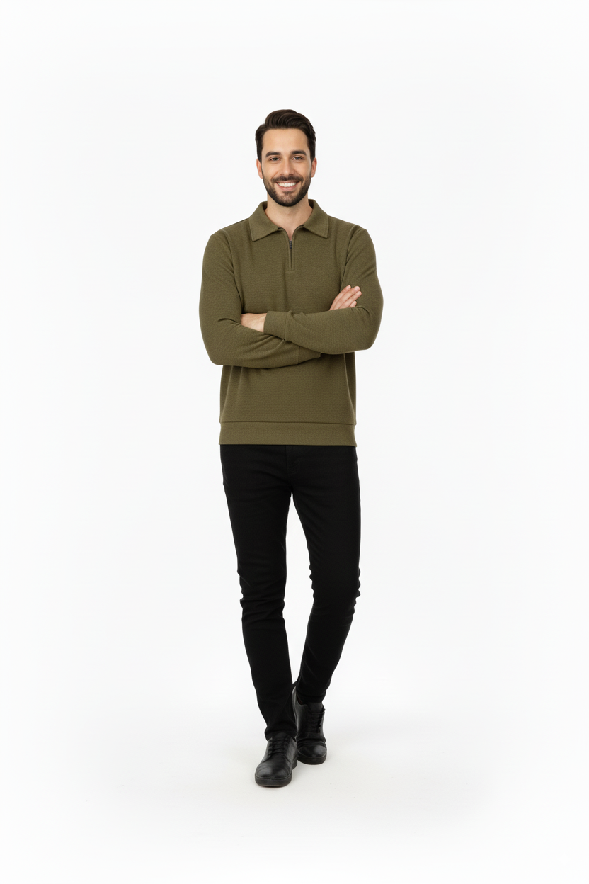 Erkek Kışlık Kazak Pamuklu Dokuma Yarım Fermuarlı Polo Yaka Uzun Kollu Düz Renk Rahat Kesim