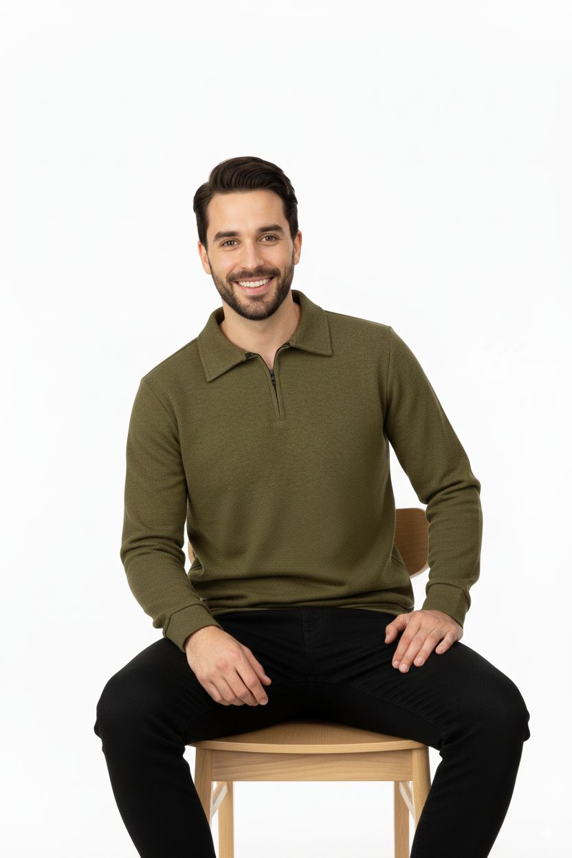 Erkek Kışlık Kazak Pamuklu Dokuma Yarım Fermuarlı Polo Yaka Uzun Kollu Düz Renk Rahat Kesim