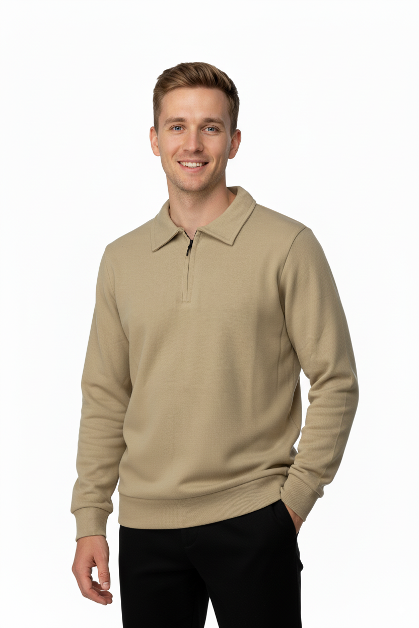 Erkek Kışlık Kazak Pamuklu Dokuma Yarım Fermuarlı Polo Yaka Uzun Kollu Düz Renk Rahat Kesim