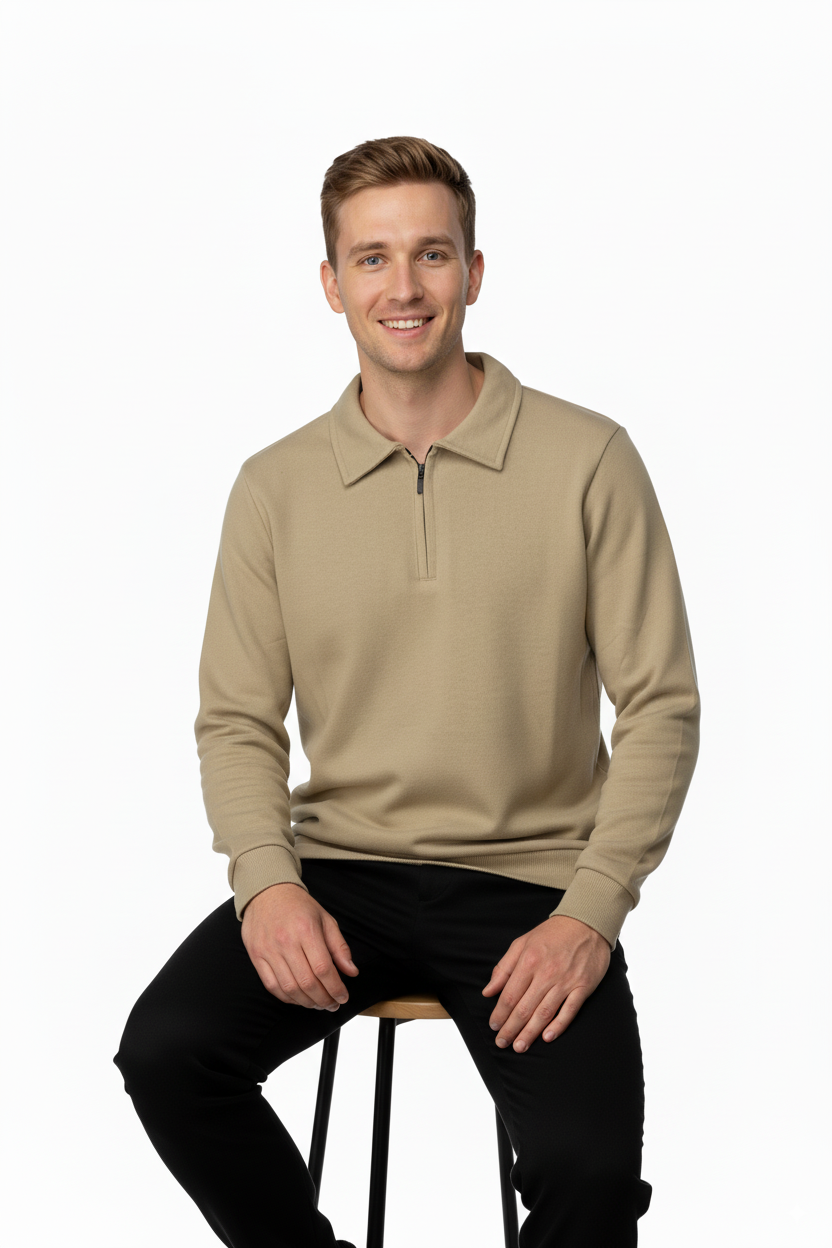 Erkek Kışlık Kazak Pamuklu Dokuma Yarım Fermuarlı Polo Yaka Uzun Kollu Düz Renk Rahat Kesim