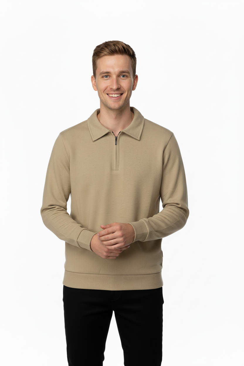 Erkek Kışlık Kazak Pamuklu Dokuma Yarım Fermuarlı Polo Yaka Uzun Kollu Düz Renk Rahat Kesim